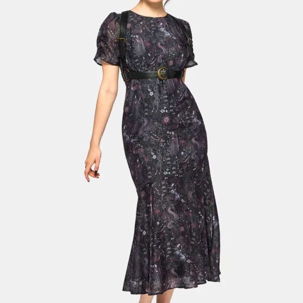 Disturbia Black Paisley Midi Dress with Subtle Purple Accents